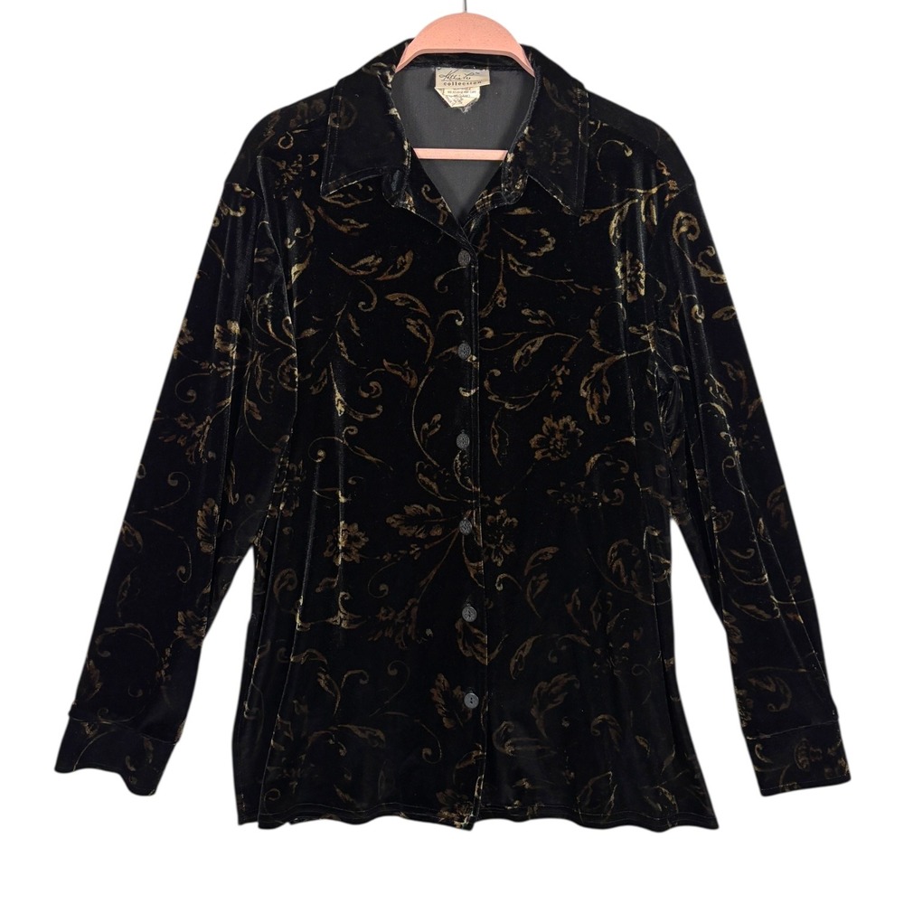 Vintage Womens Black Gold Floral Velvet Button Down Shirt Top Sz M Holiday Goth